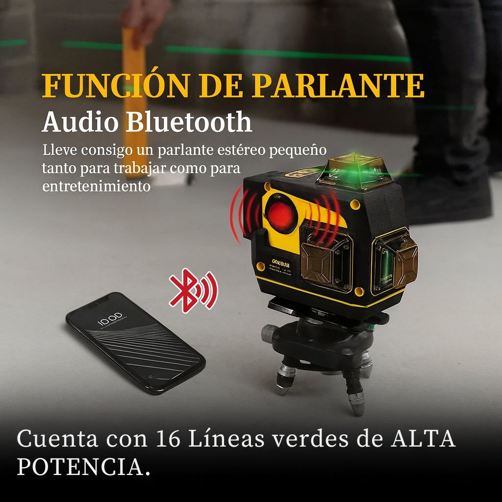 Nivel Láser 16 Líneas 360° con Parlante Bluetooth – Incluye Trípode, 2 Baterías y Accesorios