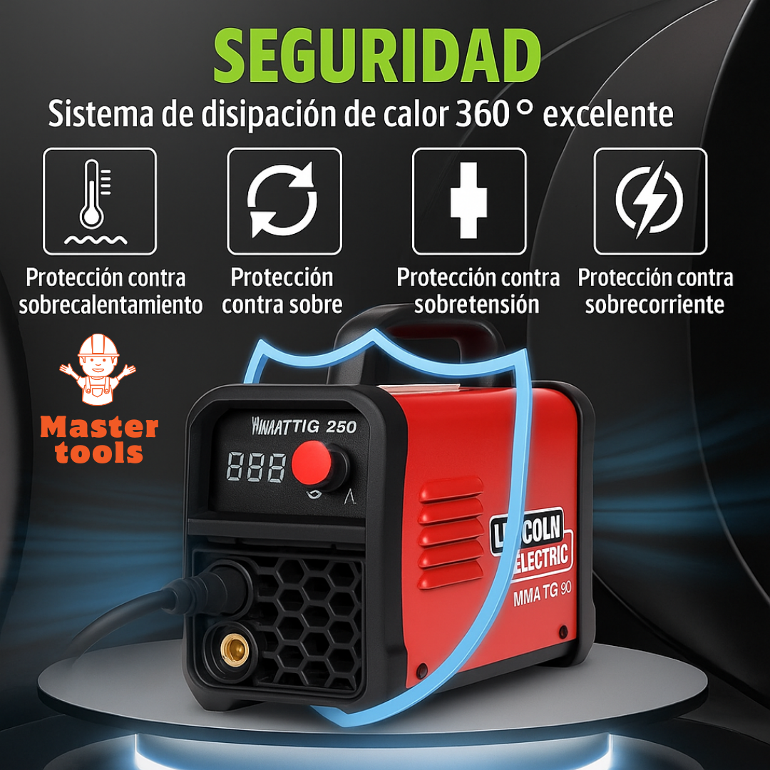 Soldador Lincoln 250A Inversor MMA/TIG – Compacto, 32 x 14 x 21 cm – 4.2 Kg