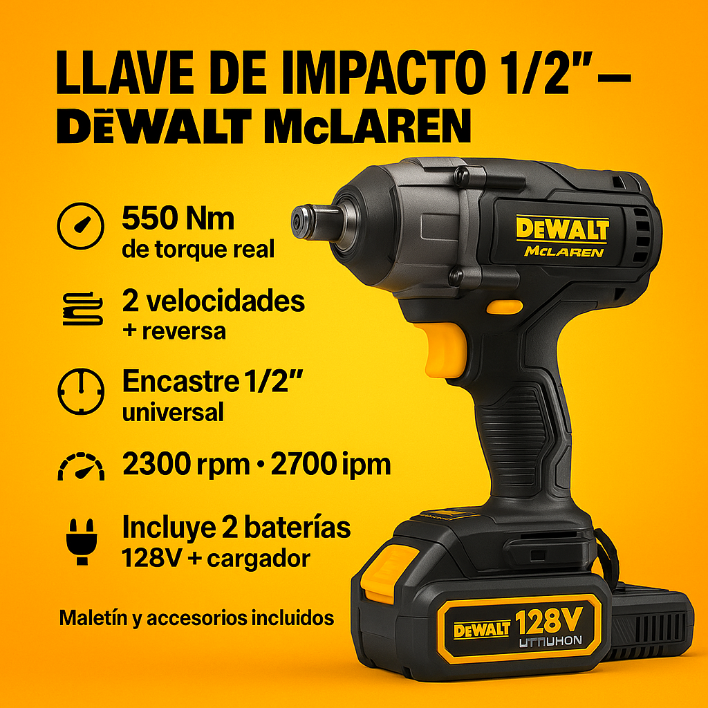 Llave de Impacto Dewalt 1/2" 128V — Edición McLaren (550 Nm)