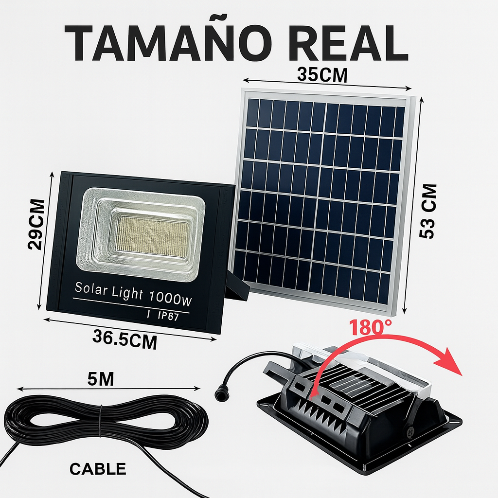 Reflector Solar 1000W + Panel y Control – Iluminación LED Potente y Ecológica para Exteriores