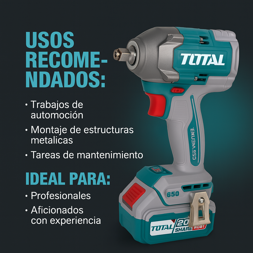 Llave de Impacto 1/2 TOTAL 100% ORIGINAL - Toque (Apreta 850 Nm - Afloja 1000 Nm) - 1 año de Garantía