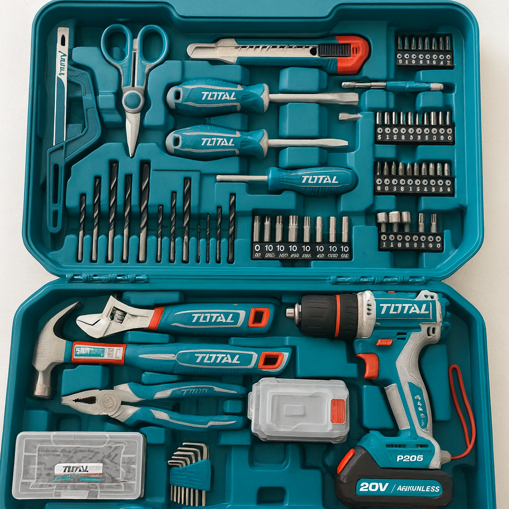 Taladro Inalámbrico TOTAL 20V + Kit de Herramientas de 165 Piezas – Potencia, Versatilidad y Funcionalidad Total