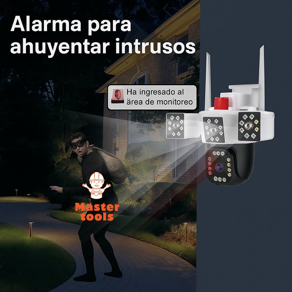 Cámara de Seguridad WiFi 3 en 1 – 3 Lentes 6K | Visión Nocturna + Alarma + Zoom