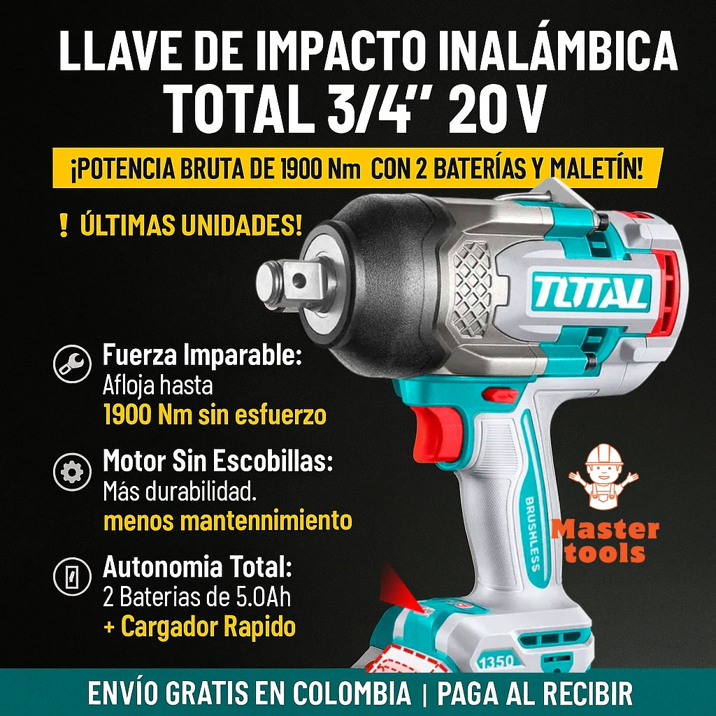 Llave de Impacto TOTAL Original 3/4” – 1350 Nm para Ajustar, 1900 Nm para Aflojar, con 1 Año de Garantía