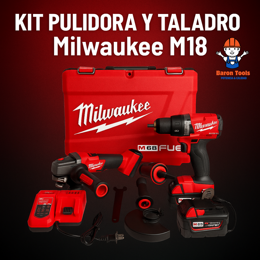 Kit Taladro y Pulidora Milwaukee M18 Incluye 4 Baterias y 2 cargadores