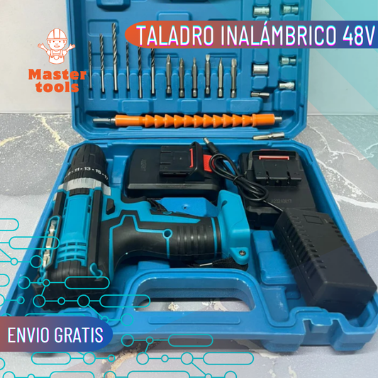 Taladro inalámbrico con accesorios y 2 baterías.