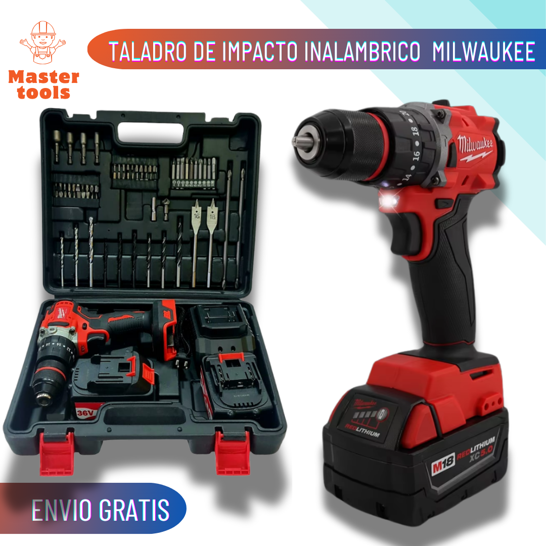 TALADRO INALÁMBRICO MILWAUKEE 36V Baterías de litio 36V 5.0Ah  INCLUYE  74 PIEZAS