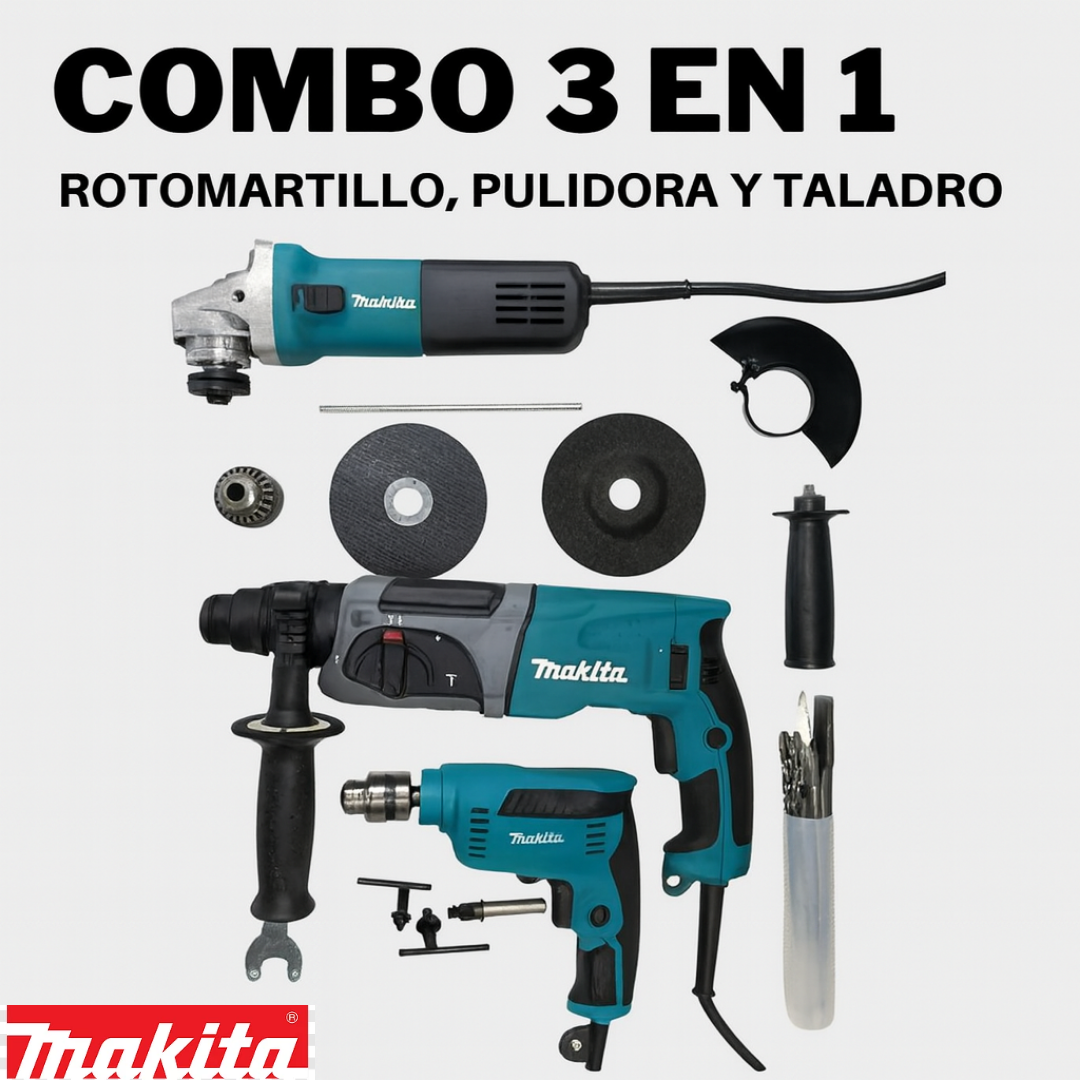 Combo 3 en 1  Makita Rotomartillo, Pulidora y Taladro