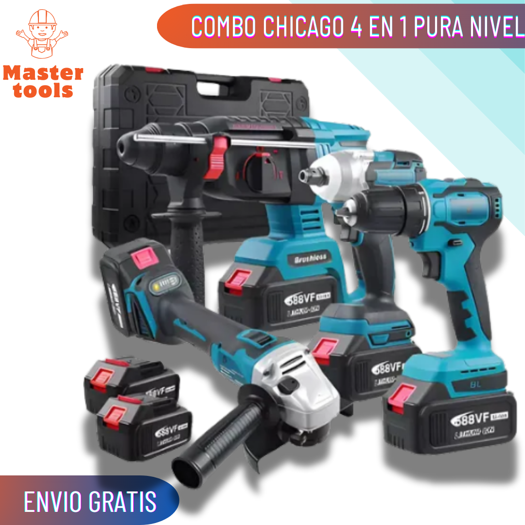 Combo 4 en 1 : Taladro, Pulidora, Pistola de Impacto y Rotomartillo. incluye 4 baterias