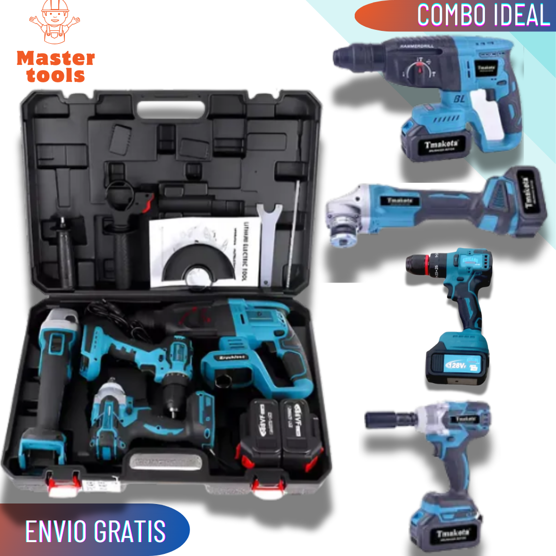 Combo 4 en 1 : Taladro, Pulidora, Pistola de Impacto y Rotomartillo. incluye 4 baterias