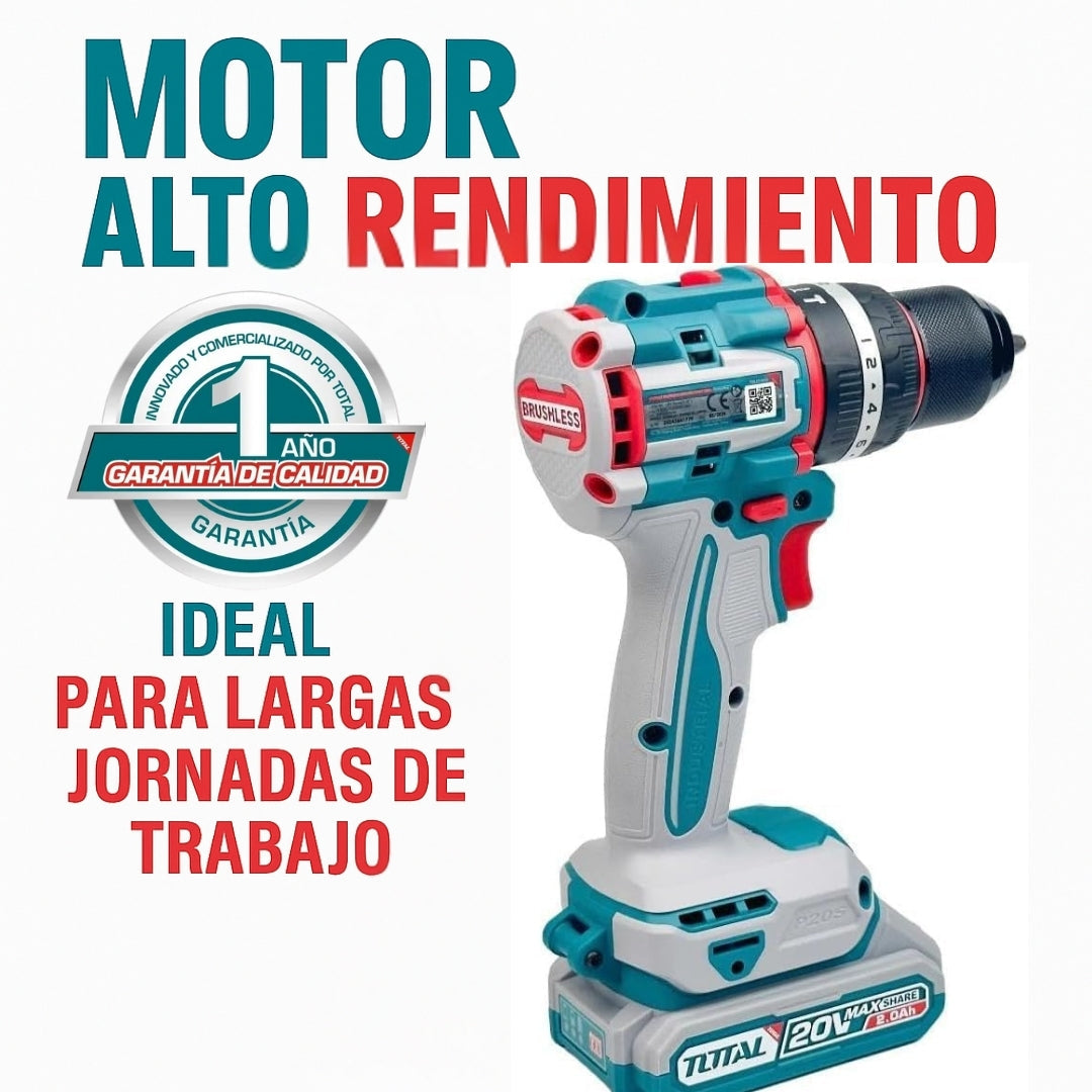 TALADRO INALÁMBRICO ORIGINAL TOTAL 66 NM – MOTOR BRUSHLESS Y GARANTÍA DE 1 AÑO INCLUIDA