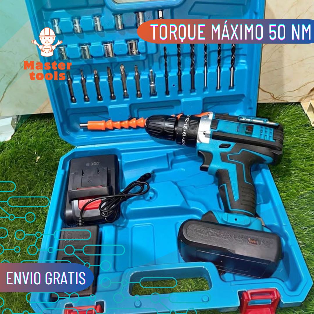 Taladro inalámbrico con accesorios y 2 baterías.