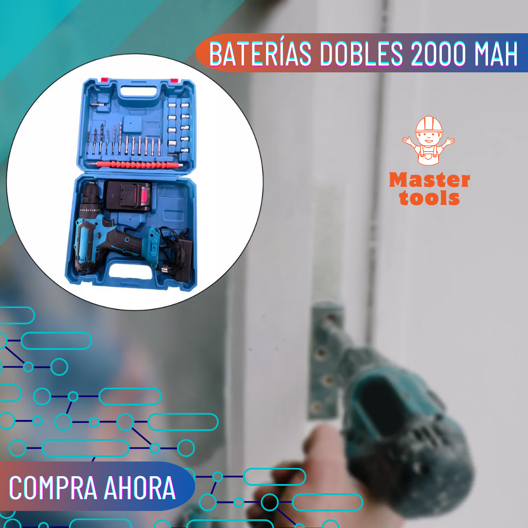 Taladro inalámbrico con accesorios y 2 baterías.