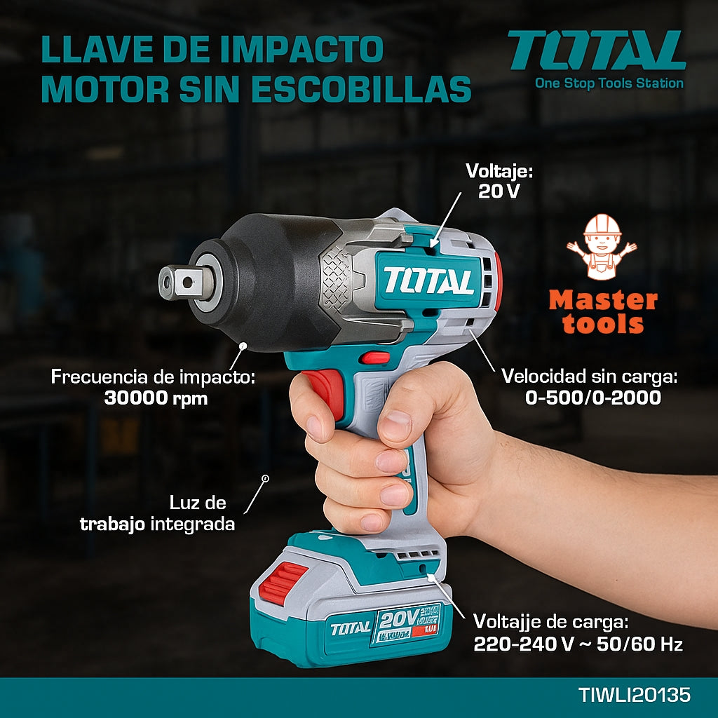 Llave de Impacto TOTAL Original 3/4” – 1350 Nm para Ajustar, 1900 Nm para Aflojar, con 1 Año de Garantía