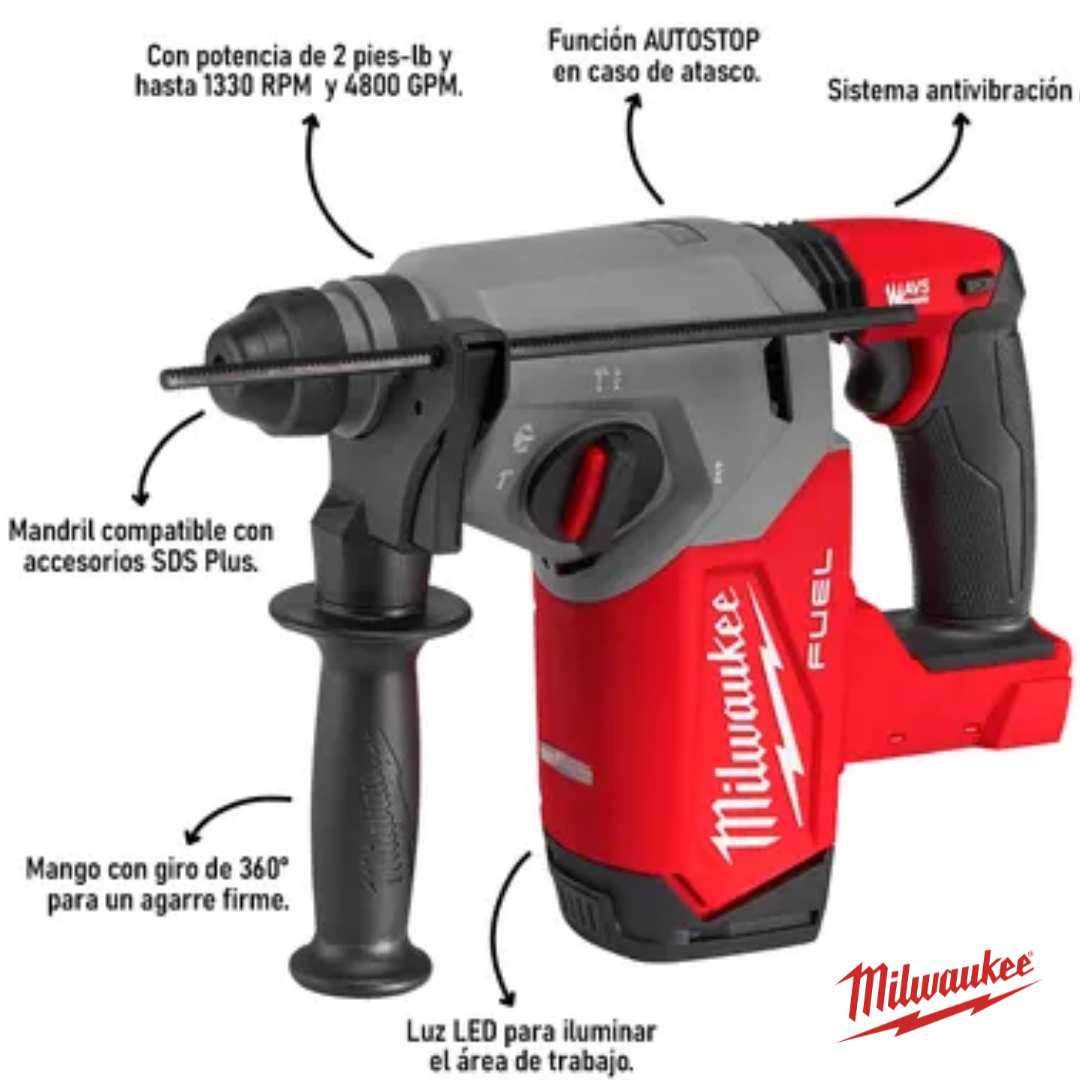 Rotomartillo Doble función, Milwaukee SDS PLUS - 2 Baterías de 5 Amp