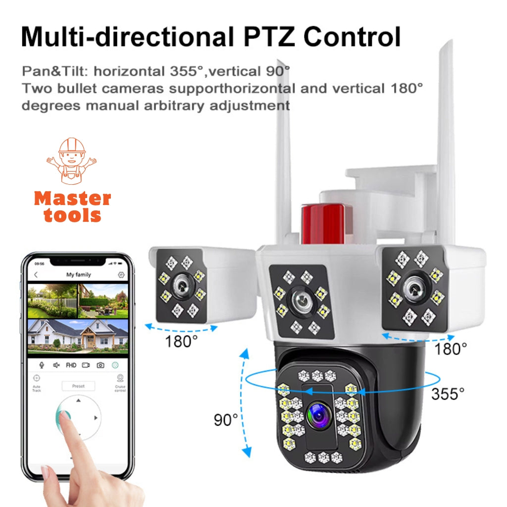 Cámara de Seguridad WiFi 3 en 1 – 3 Lentes 6K | Visión Nocturna + Alarma + Zoom