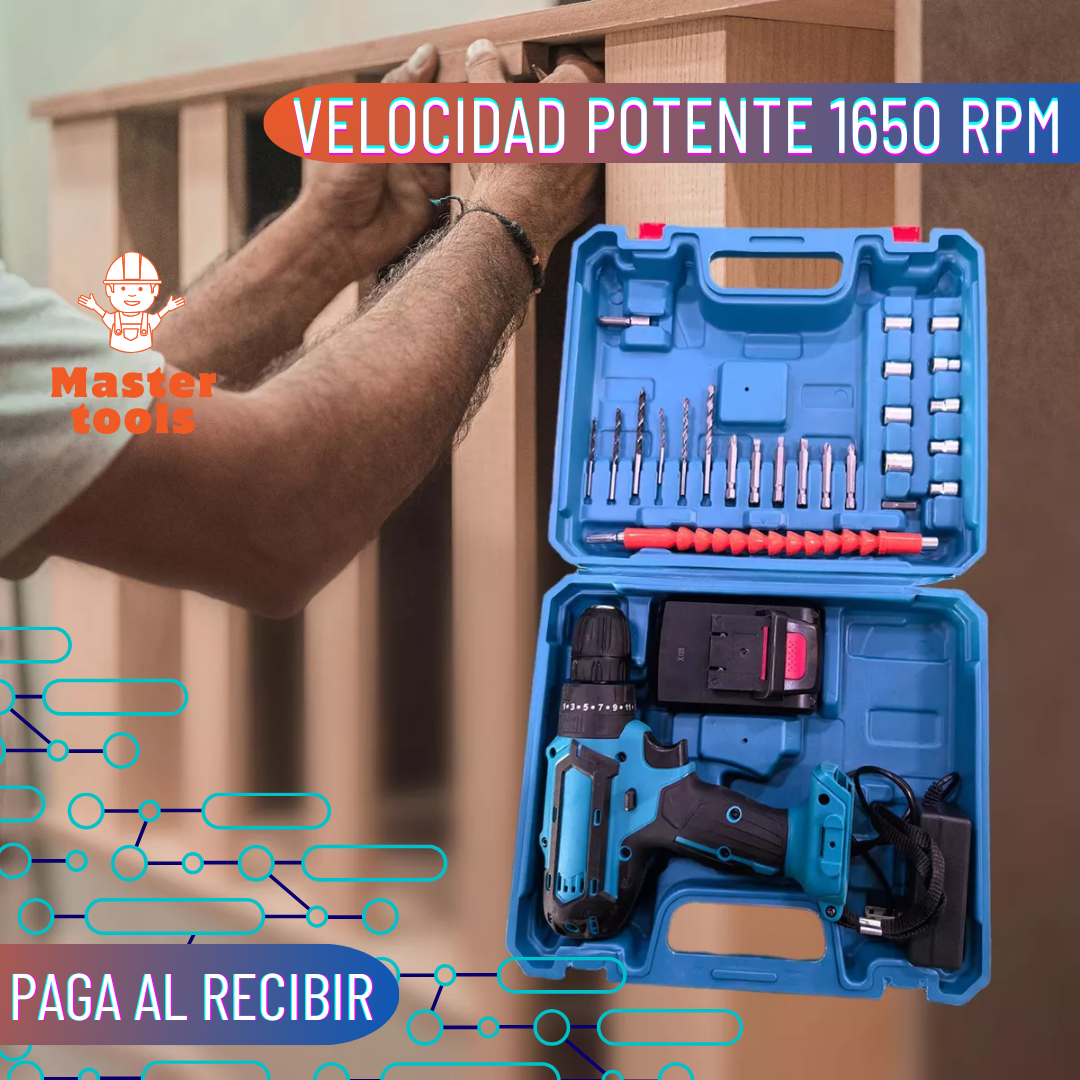 Taladro inalámbrico con accesorios y 2 baterías.