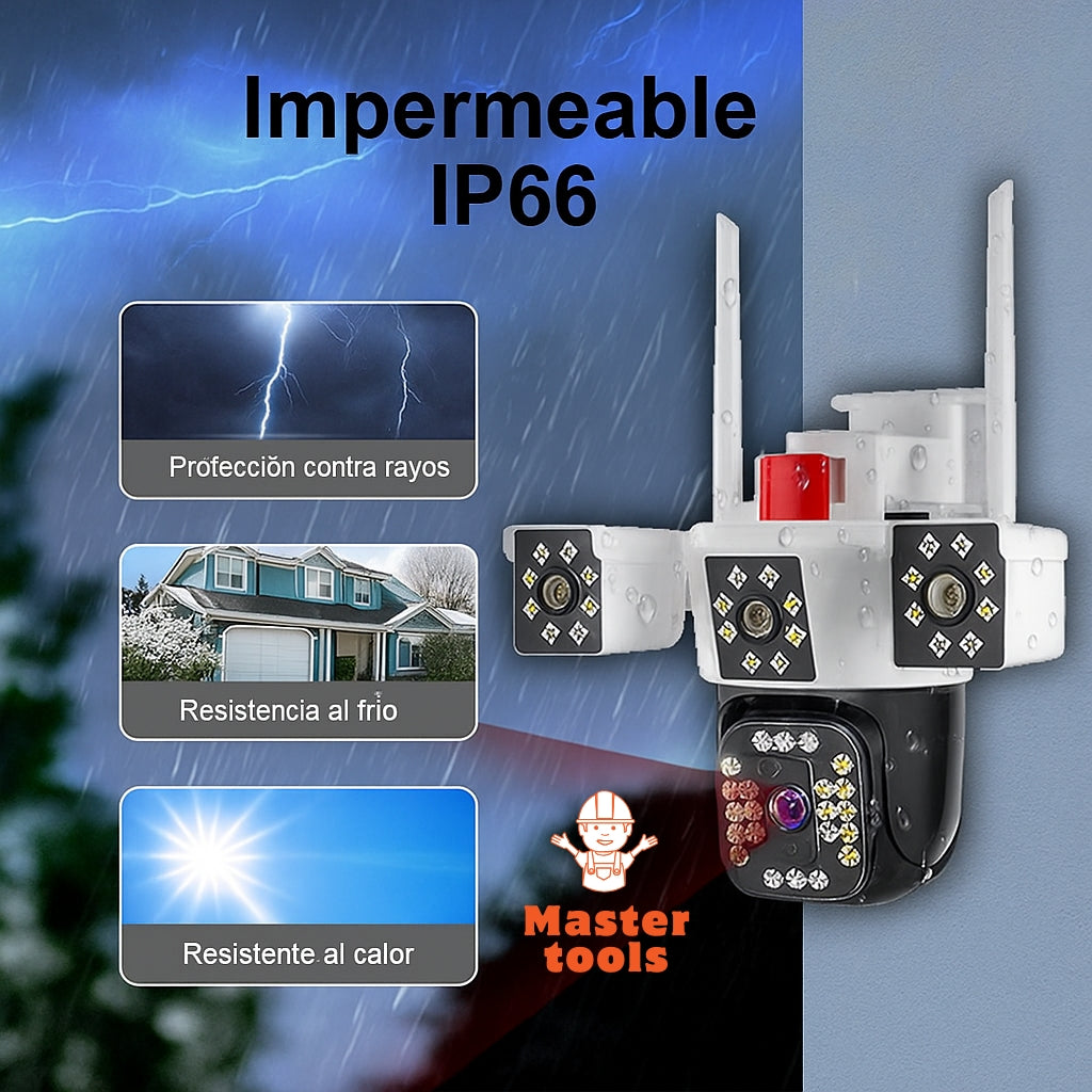 Cámara de Seguridad WiFi 3 en 1 – 3 Lentes 6K | Visión Nocturna + Alarma + Zoom
