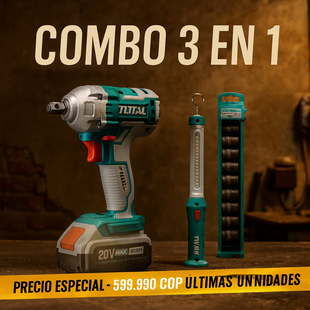 Combo Llave de Impacto 1/2 con 400 Nm + Lampara Led 3.5 Watts + Juego de Dados x 10 (Original 1 Año de Garantía)