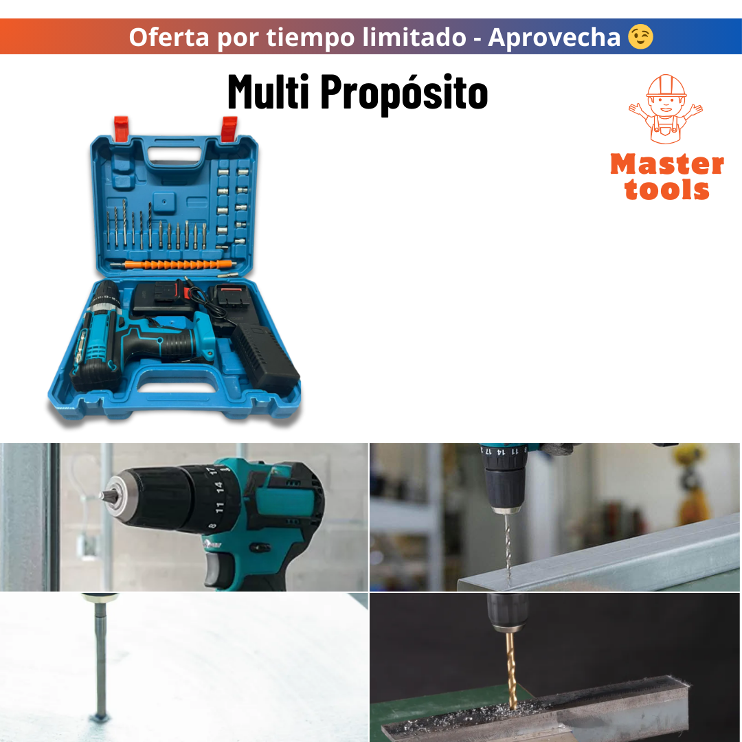 Taladro inalámbrico con accesorios y 2 baterías.