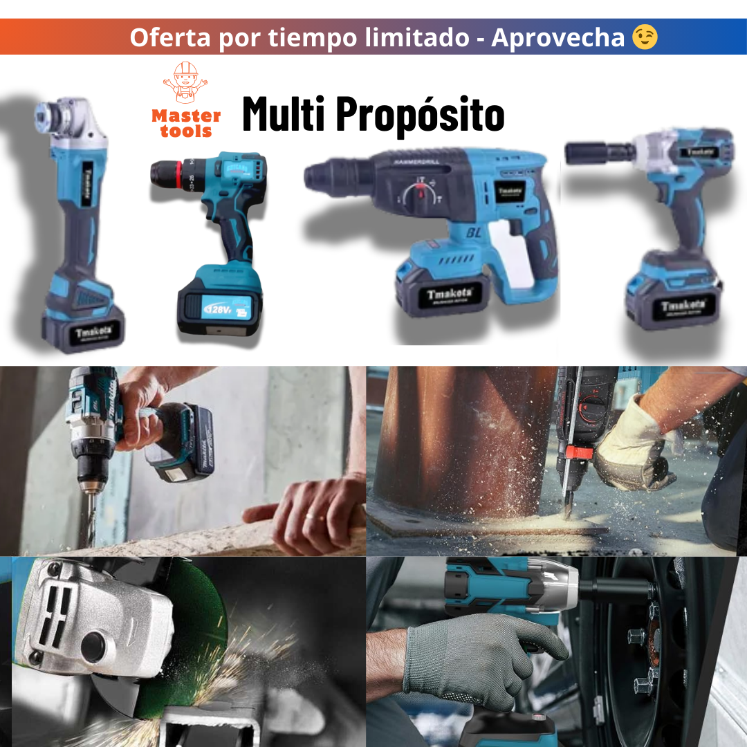 Combo 4 en 1 : Taladro, Pulidora, Pistola de Impacto y Rotomartillo. incluye 4 baterias