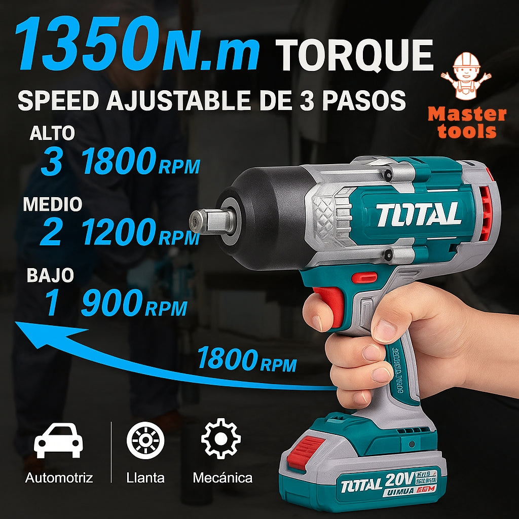 Llave de Impacto TOTAL Original 3/4” – 1350 Nm para Ajustar, 1900 Nm para Aflojar, con 1 Año de Garantía