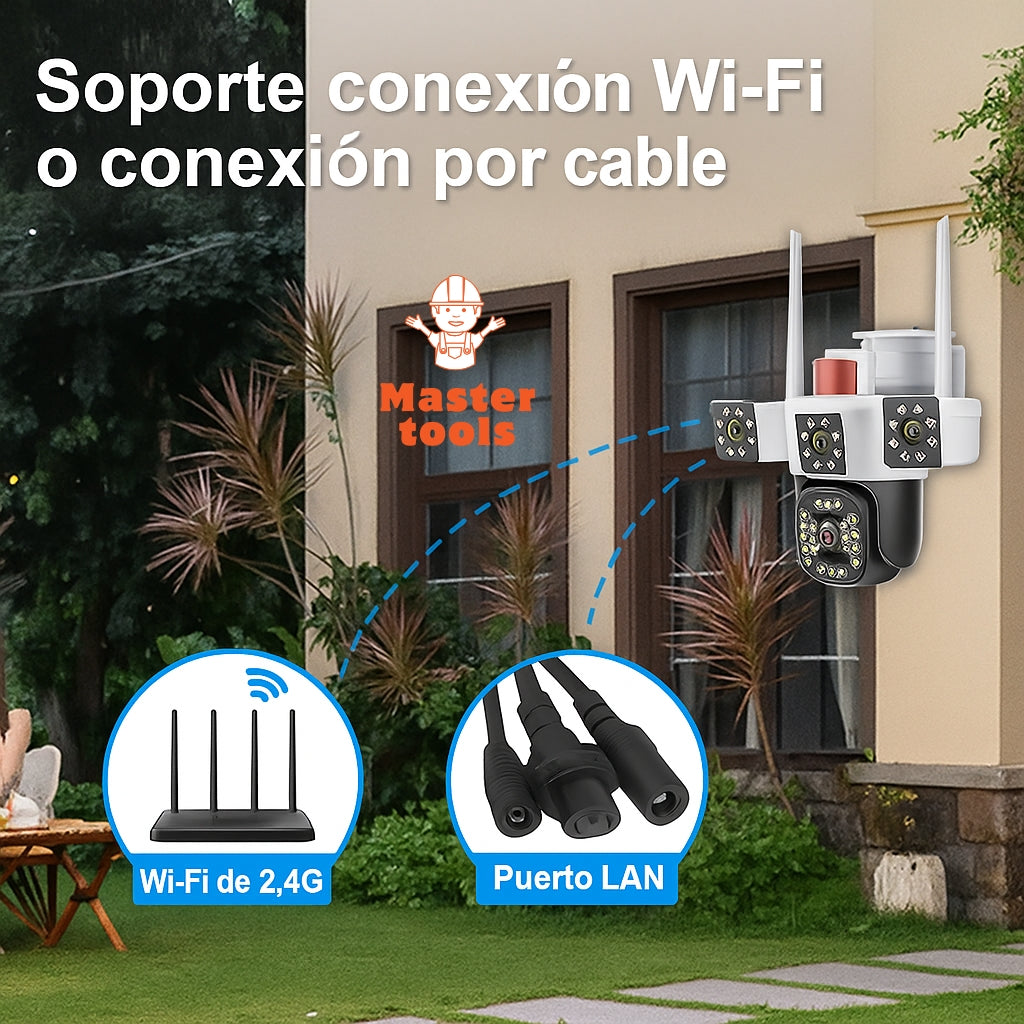 Cámara de Seguridad WiFi 3 en 1 – 3 Lentes 6K | Visión Nocturna + Alarma + Zoom