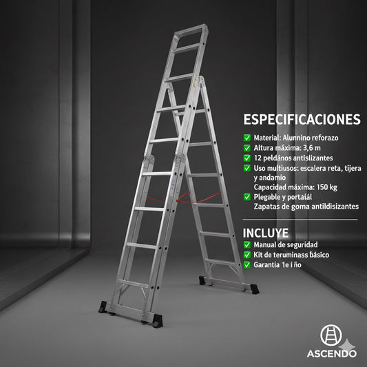 ⚡ ESCALERA DE ALUMINIO 12 PELDAÑOS – VERSATILIDAD Y SEGURIDAD - 3,6M de altura
