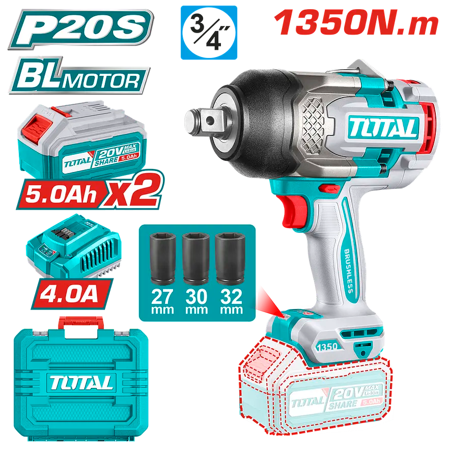 Llave de Impacto TOTAL Original 3/4” – 1350 Nm para Ajustar, 1900 Nm para Aflojar, con 1 Año de Garantía