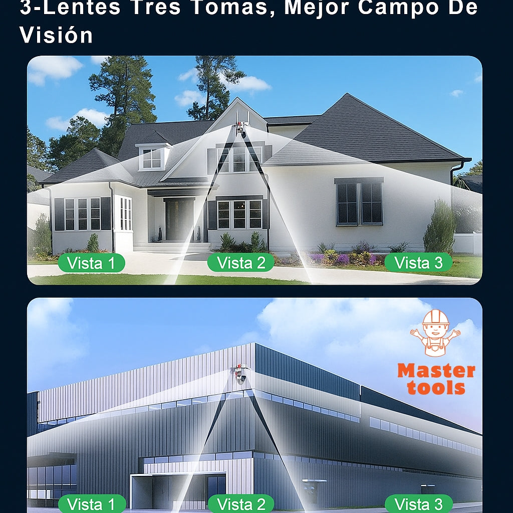 Cámara de Seguridad WiFi 3 en 1 – 3 Lentes 6K | Visión Nocturna + Alarma + Zoom
