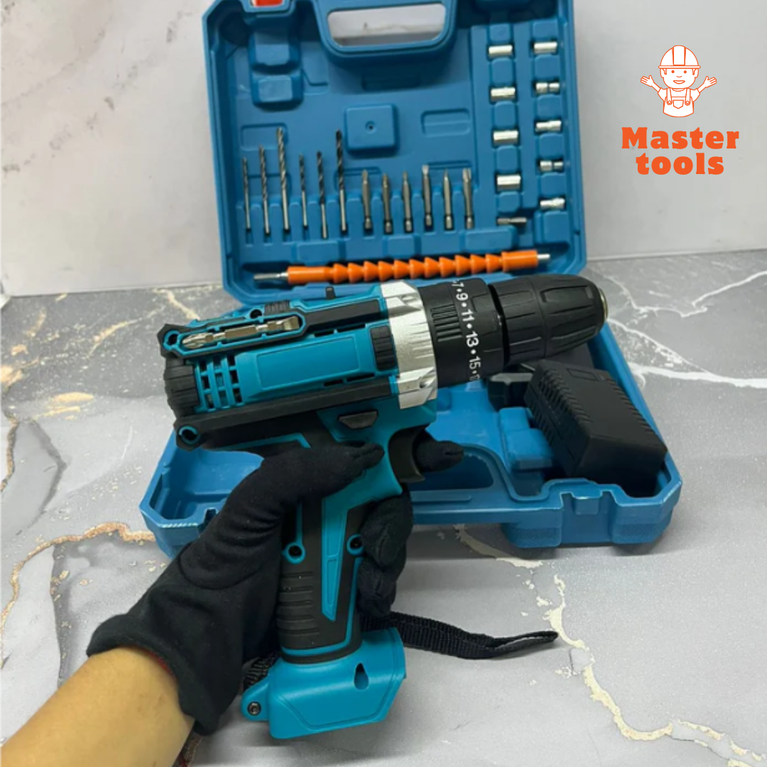 Taladro inalámbrico con accesorios y 2 baterías.