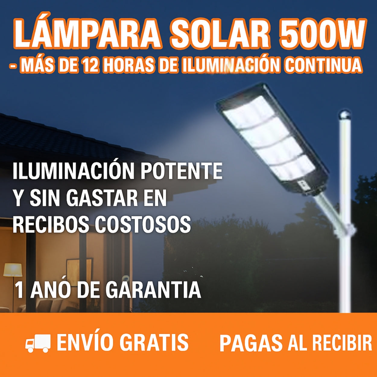 Lámpara Solar 500W – Grande (70 x 24 cm) + Obsequio: Tubo de Instalación – 1 Año de Garantía Real