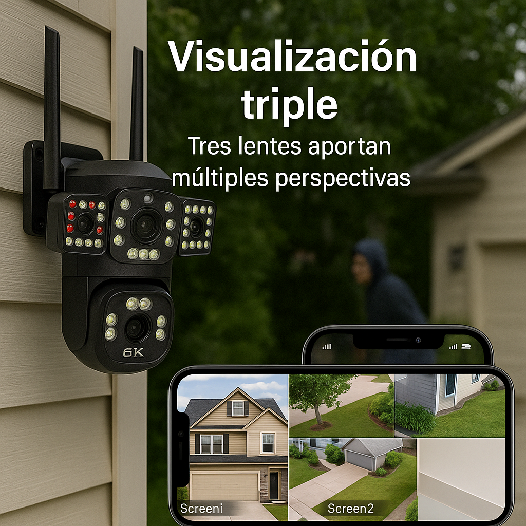 📦 Cámara IP Wifi PTZ 6K Triple Lente – Exterior/Inalámbrica