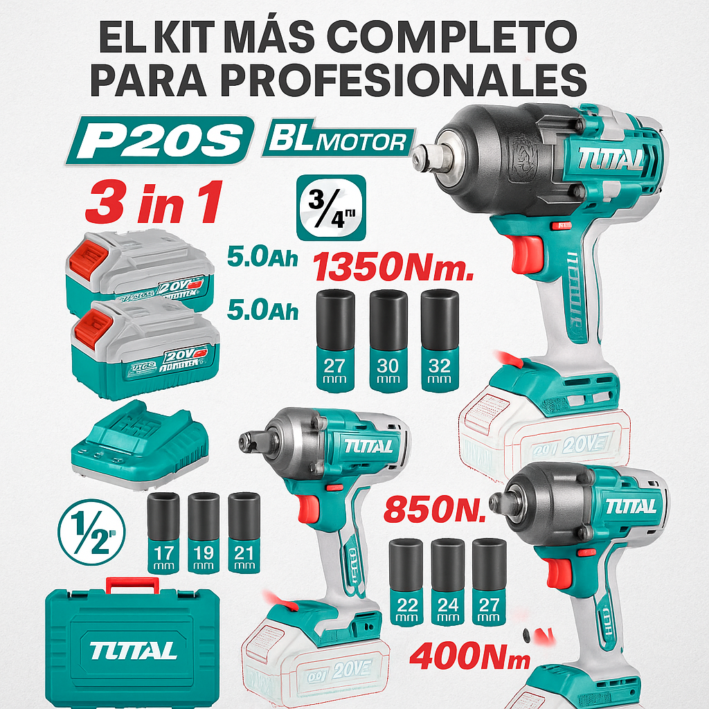 Combo Triple Llave de Impacto Brushless 20V – 400NM / 850NM / 1350NM + Cargador + 2 Baterías 1 Año de Garantía