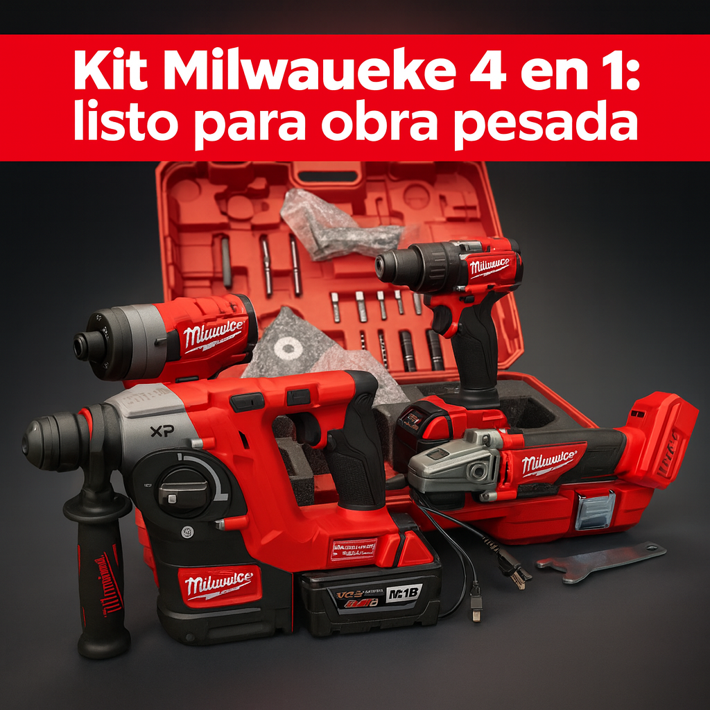 Combo 4 en 1 Milwaukee Brushless 5 Amp - 4 Baterías - Rotomartillo, Llave de Impacto, Pulidora y Taladro