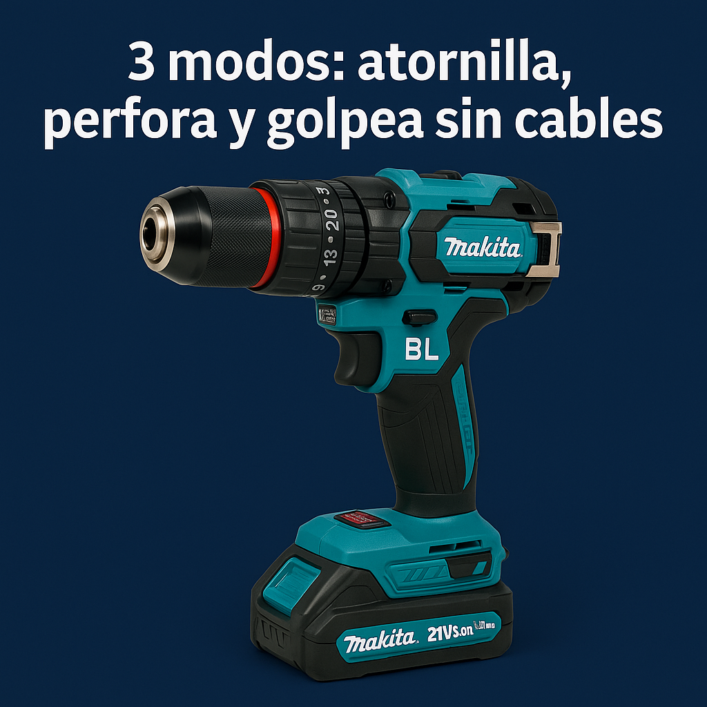 Taladro Inalámbrico 21V con Percutor (Brushless, 2 baterías, mandril 3/8")