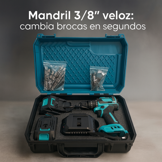 Taladro Inalámbrico 21V con Percutor (Brushless, 2 baterías, mandril 3/8")