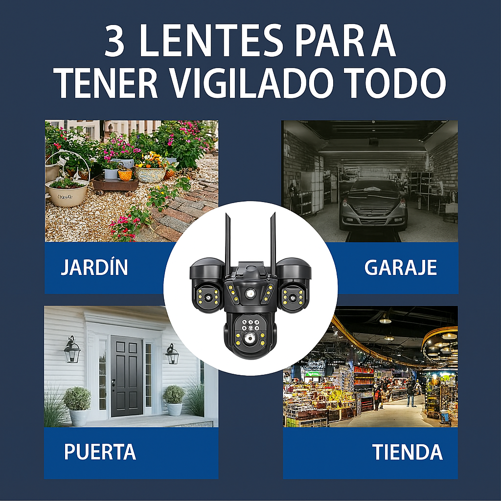 Cámara de Seguridad Inteligente Triple Lente 15MP –  Resolución Full Hd - Visión Nocturna -Funciona con Wifi