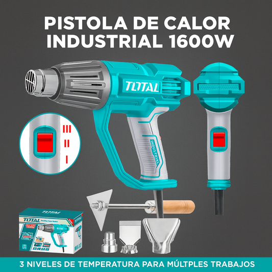 Pistola de Calor TOTAL 1600W – Control de Temperatura + 3 Boquillas y Rascador (UTB16045)