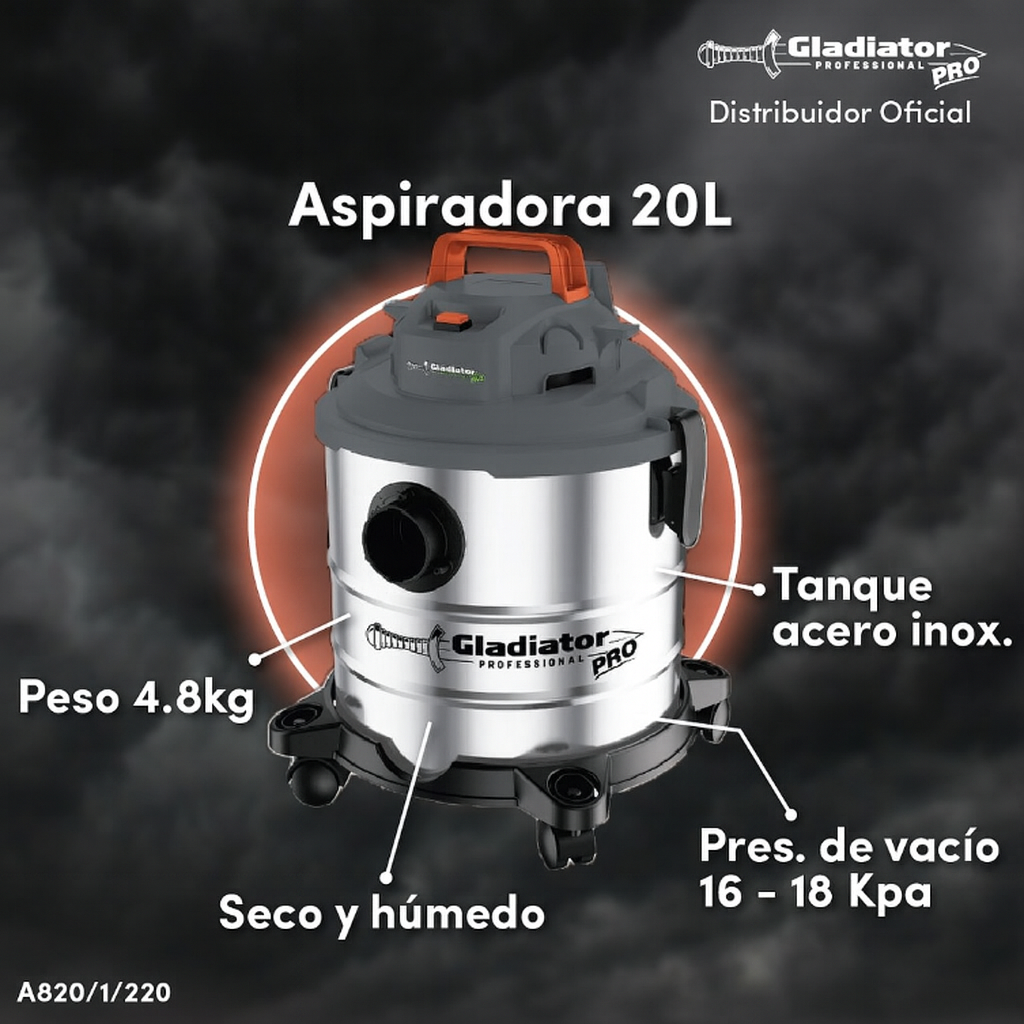 Aspiradora Gladiator PRO A820/1/120 – Potencia y Versatilidad en un Solo Equipo
