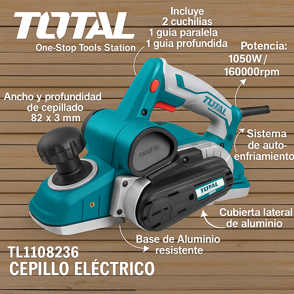 Cepillo Eléctrico 1050W (120V) — Acabado profesional en una pasada.