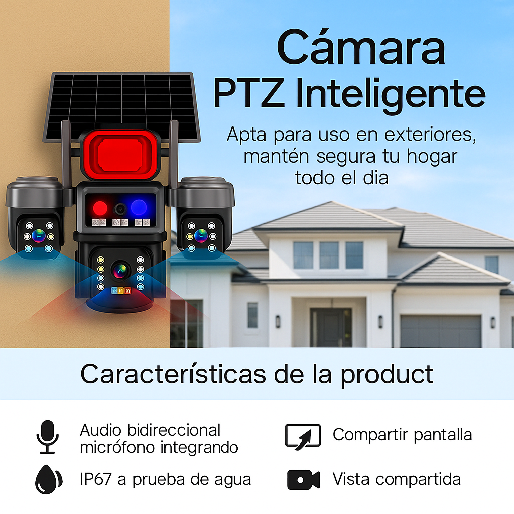 Kit Cámara Solar 3-en-1 360° con SIM, Sirena y 3 Lentes | Full HD 1080p | V380 Pro