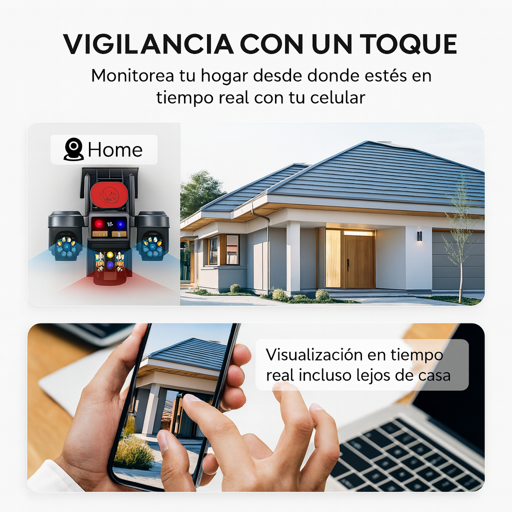 Kit Cámara Solar 3-en-1 360° con SIM, Sirena y 3 Lentes | Full HD 1080p | V380 Pro