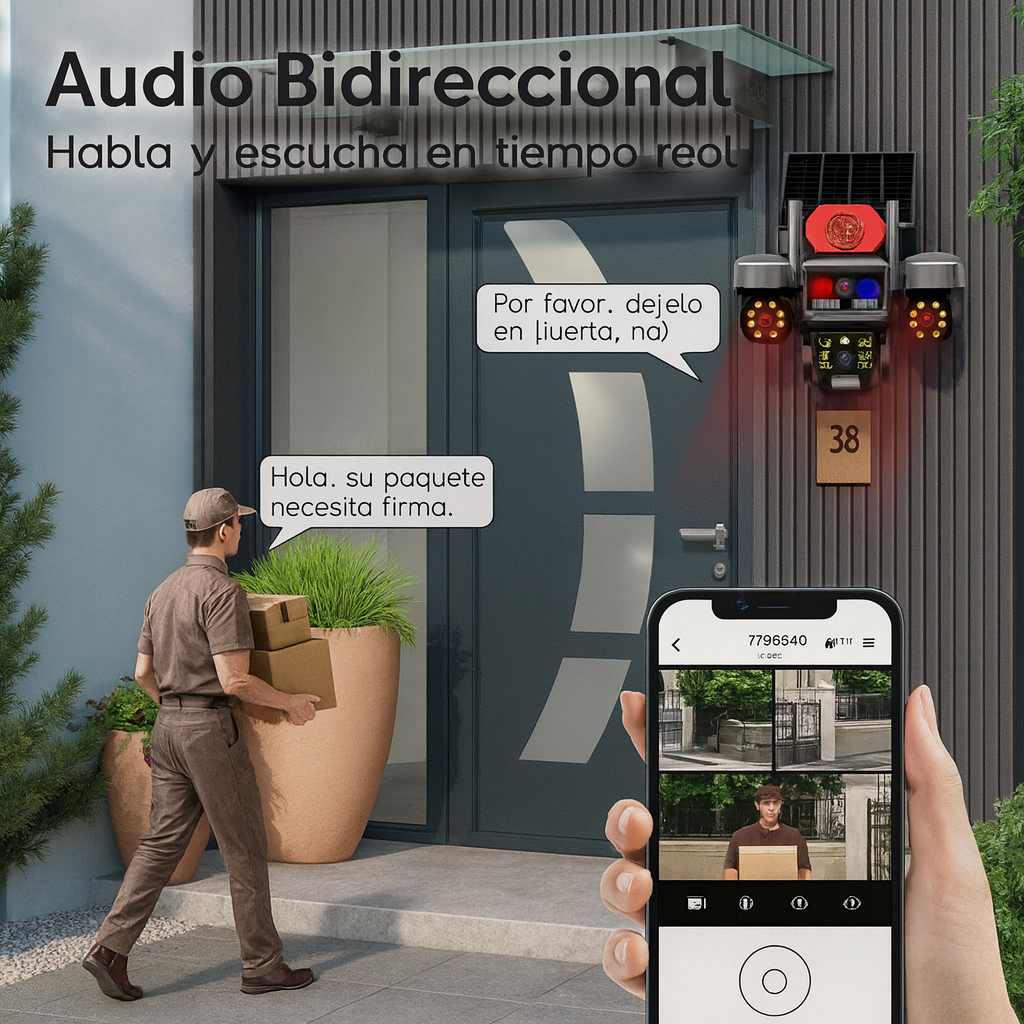 Kit Cámara Solar 3-en-1 360° con SIM, Sirena y 3 Lentes | Full HD 1080p | V380 Pro