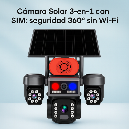 Kit Cámara Solar 3-en-1 360° con SIM, Sirena y 3 Lentes | Full HD 1080p | V380 Pro