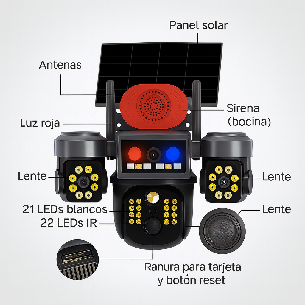 Kit Cámara Solar 3-en-1 360° con SIM, Sirena y 3 Lentes | Full HD 1080p | V380 Pro