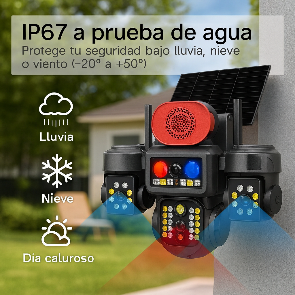 Kit Cámara Solar 3-en-1 360° con SIM, Sirena y 3 Lentes | Full HD 1080p | V380 Pro