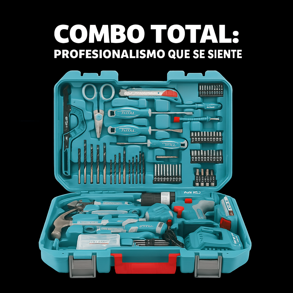 Taladro Inalámbrico TOTAL 20V + Kit de Herramientas de 165 Piezas – Potencia, Versatilidad y Funcionalidad Total
