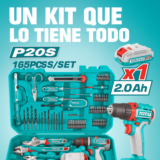 Taladro Inalámbrico TOTAL 20V + Kit de Herramientas de 165 Piezas – Potencia, Versatilidad y Funcionalidad Total