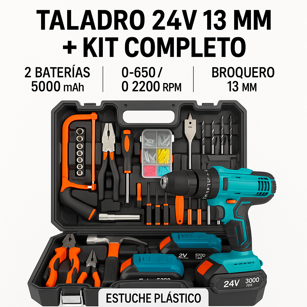 Taladro Inalámbrico 24V 13 mm + Kit de Herramientas